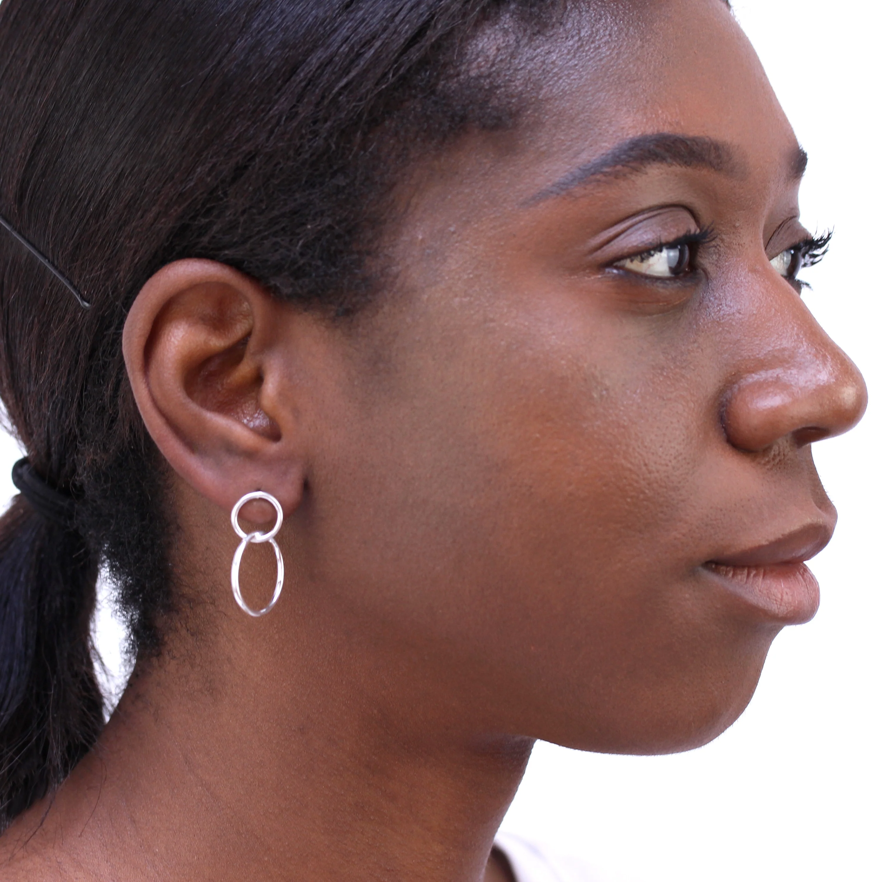 Sterling Silver Interlocking Double Circle Stud Drop Earrings - Image 3