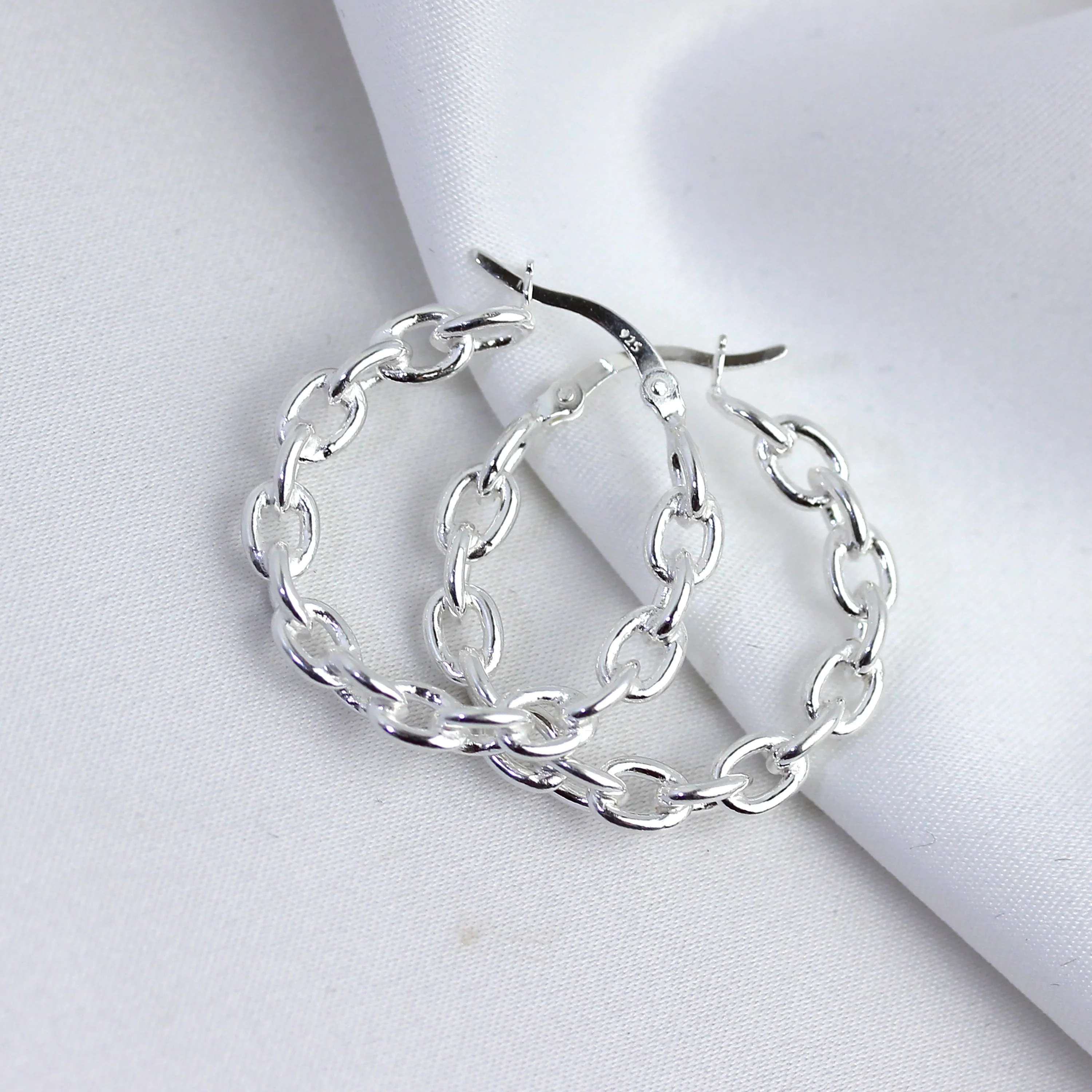 Sterling Silver Long Link Chain Hoop Earrings - Image 3