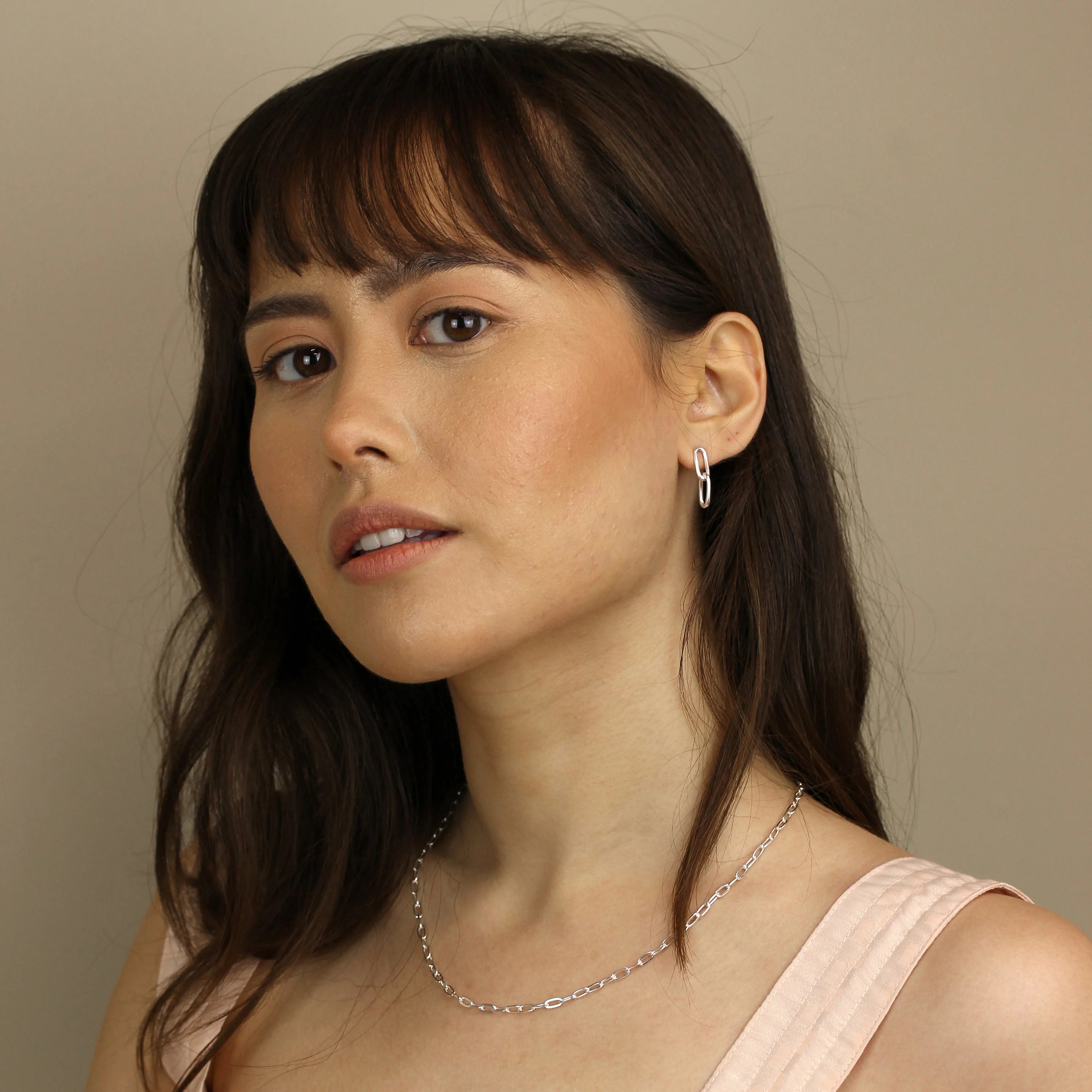 Sterling Silver Long Link Chain Stud Drop Earrings - Image 2