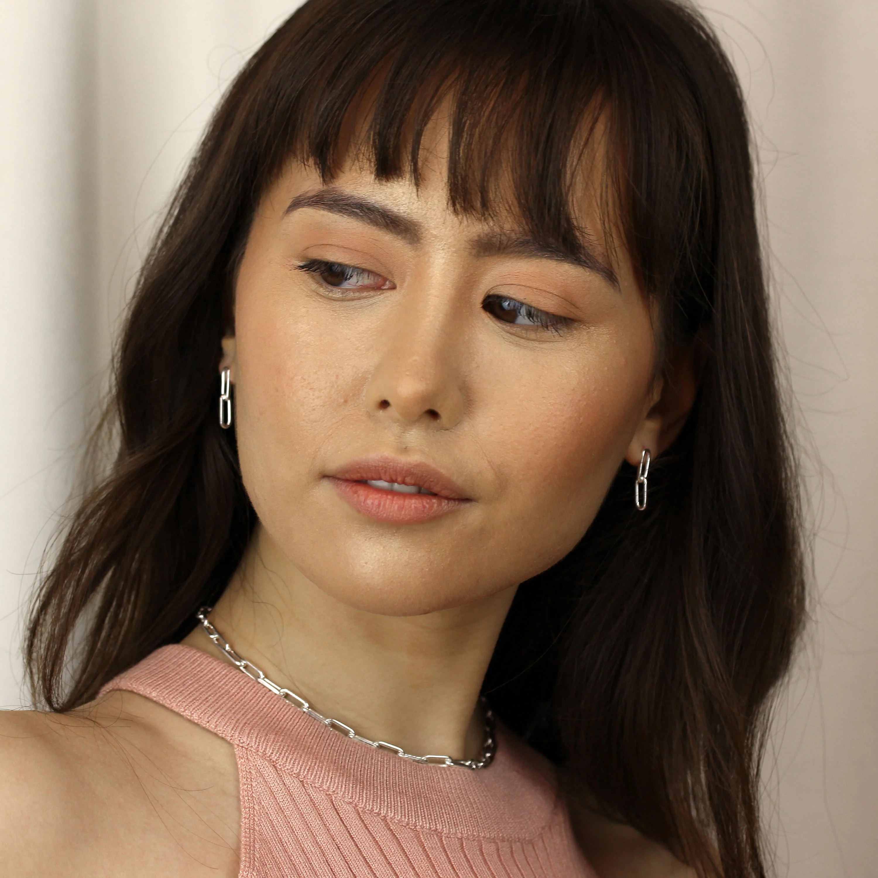 Sterling Silver Long Link Chain Stud Drop Earrings - Image 4