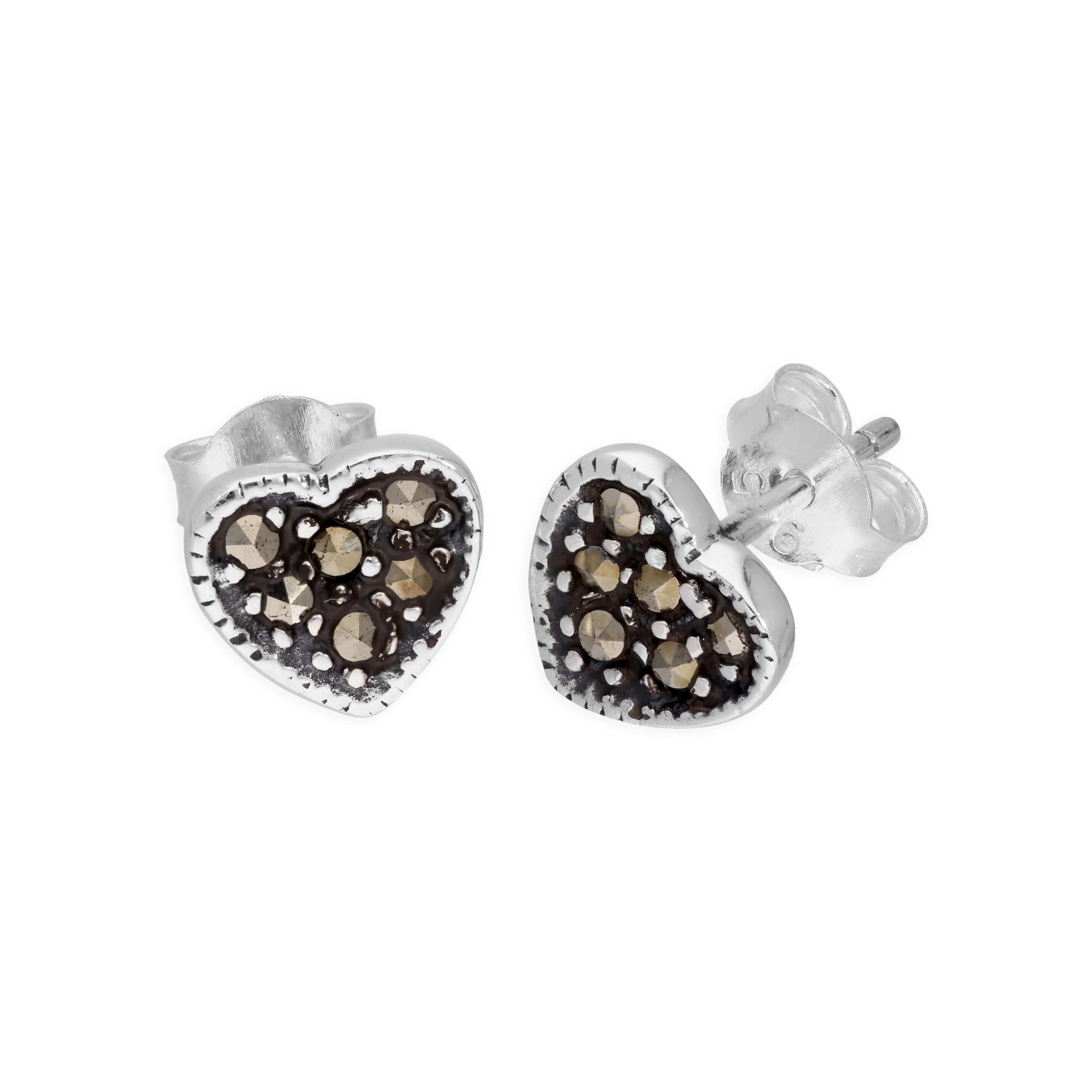 Sterling Silver & Marcasite Heart Stud Earrings - Image 2