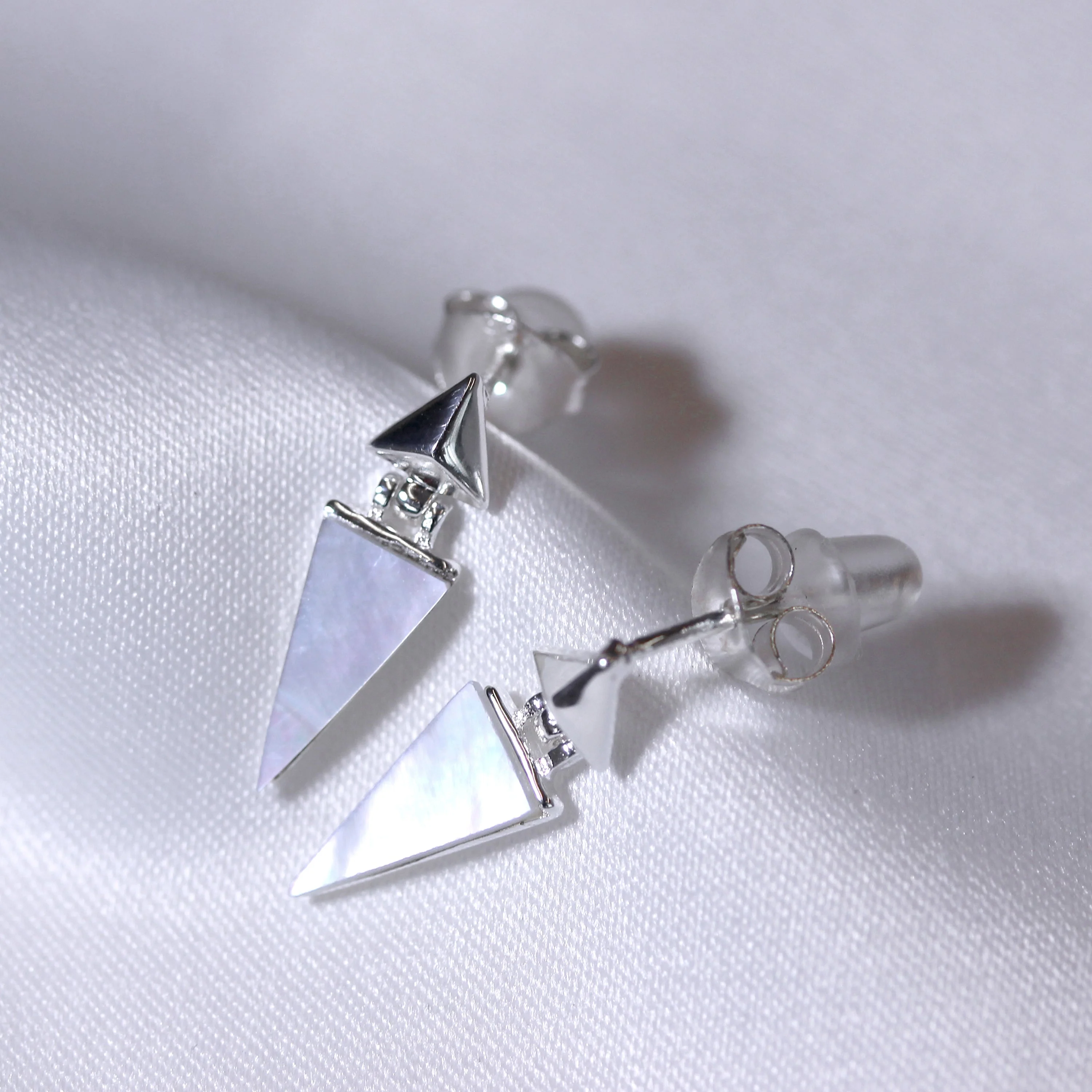 Sterling Silver Mother of Pearl Dangle Triangle Stud Earrings - Image 3
