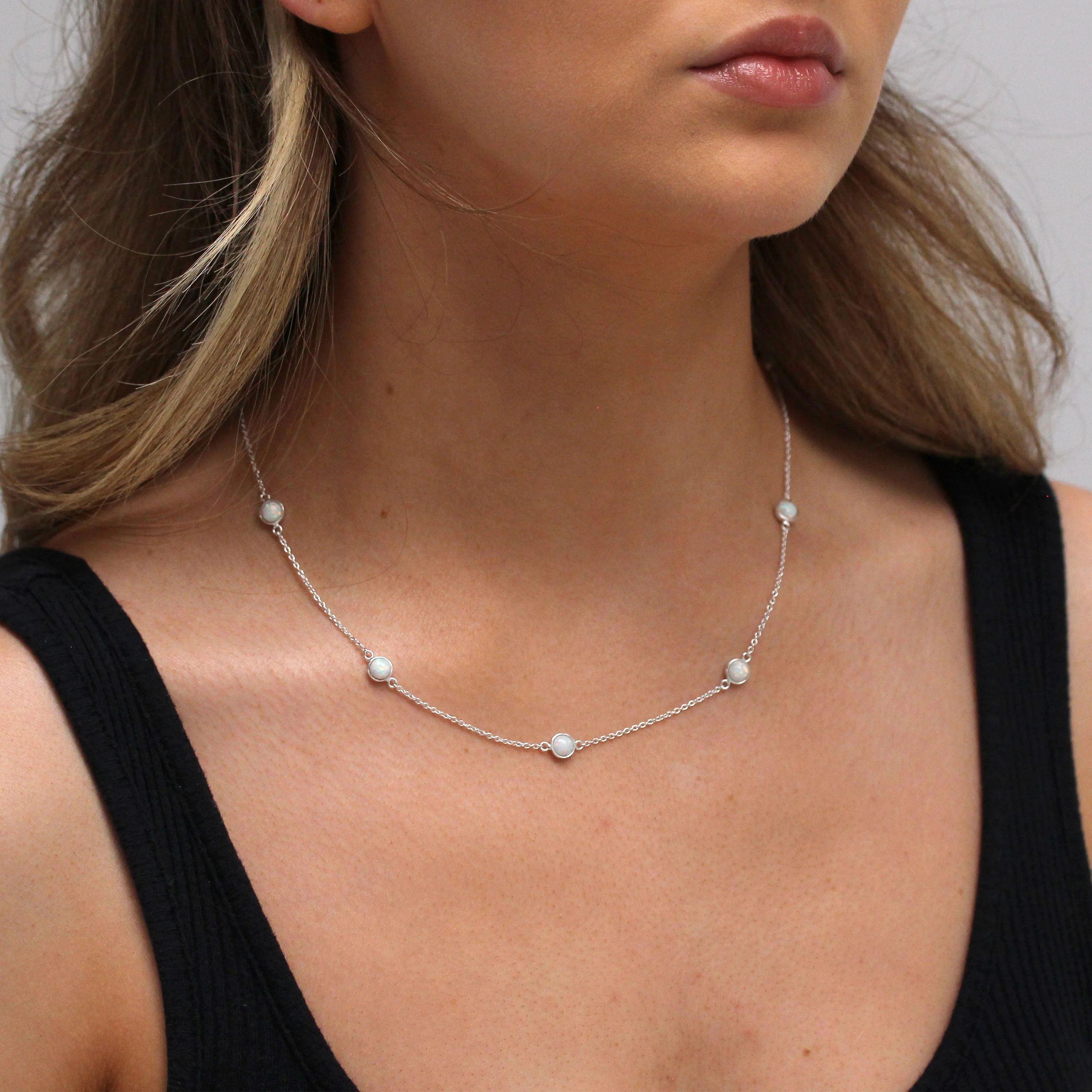 Sterling Silver Multi CZ Opal Rub Over Necklace 16+2 Inches - Image 2