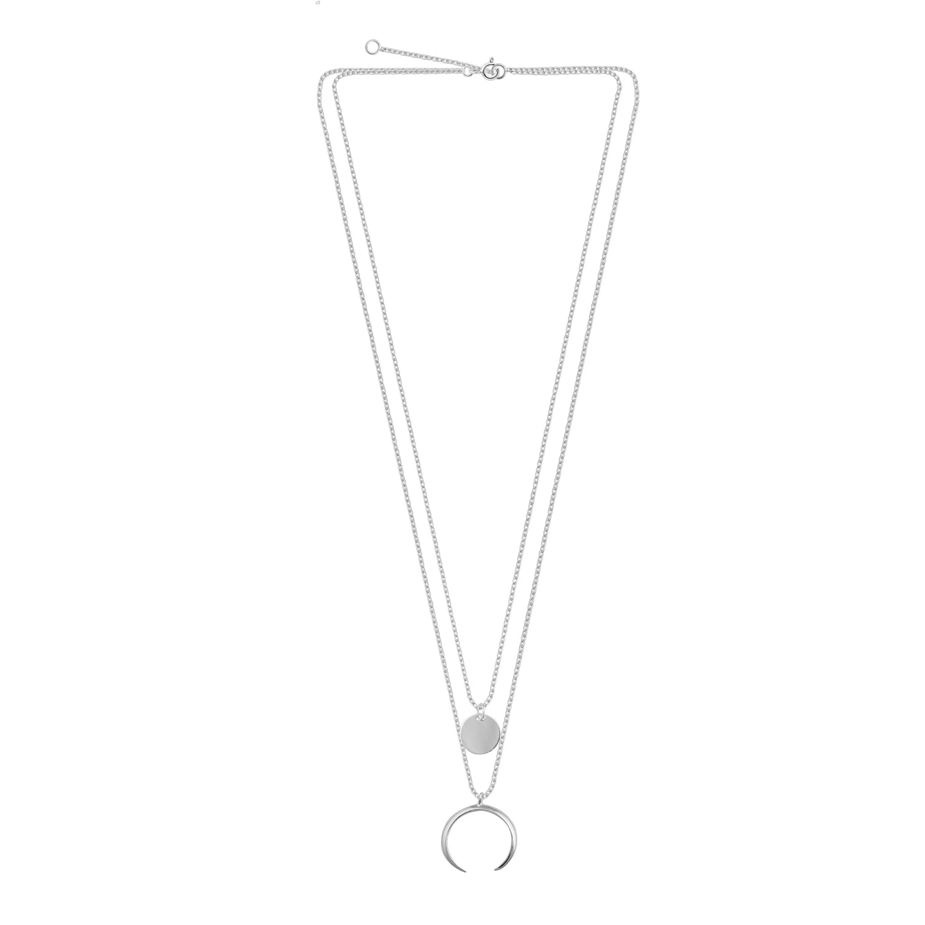 Sterling Silver Multi Double Layer Round Disc Horn Crescent Pendant Necklace - Image 3