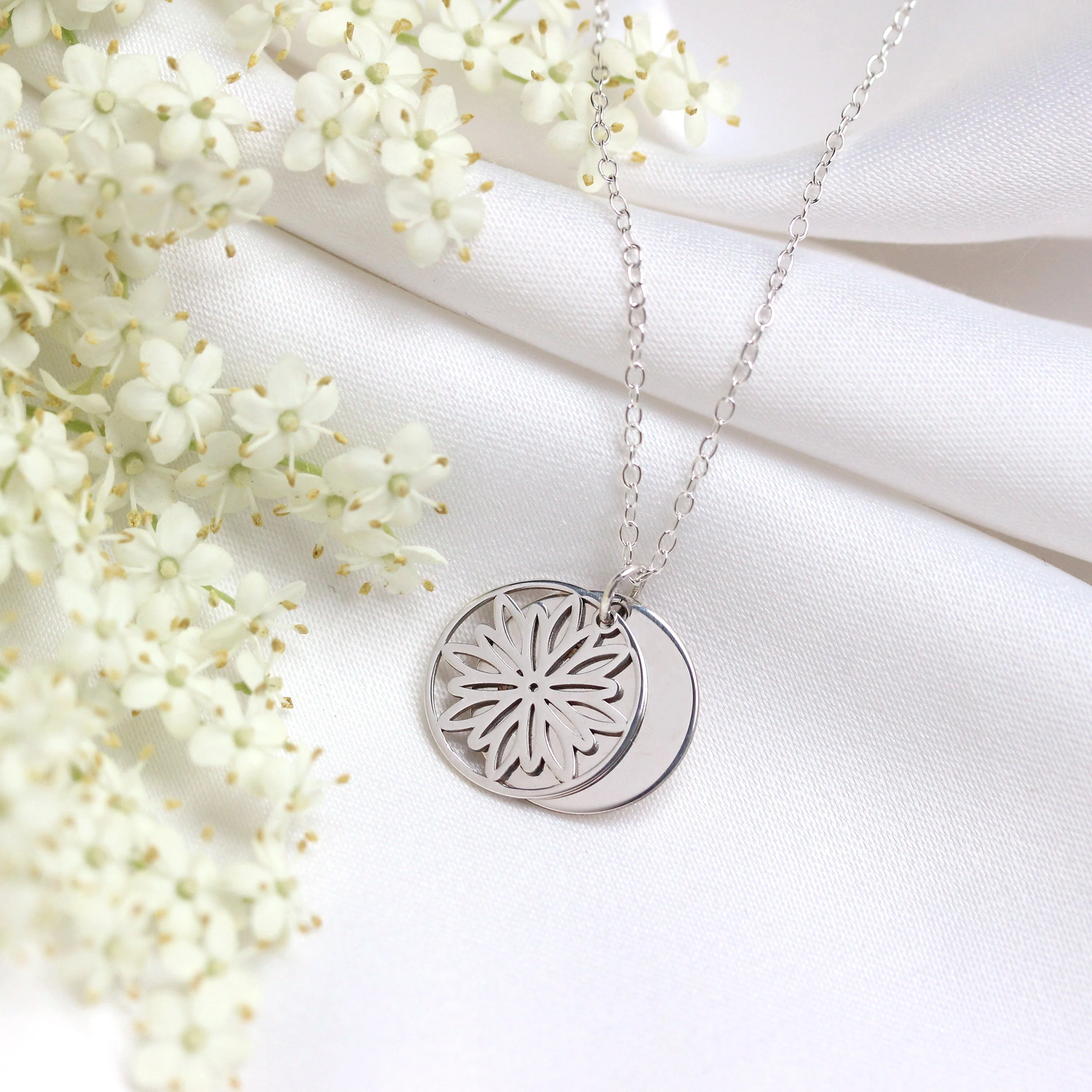 Sterling Silver November Chrysanthemum Birth Flower & 13mm Engravable Tag Necklace 14 - 22 Inches - Image 2