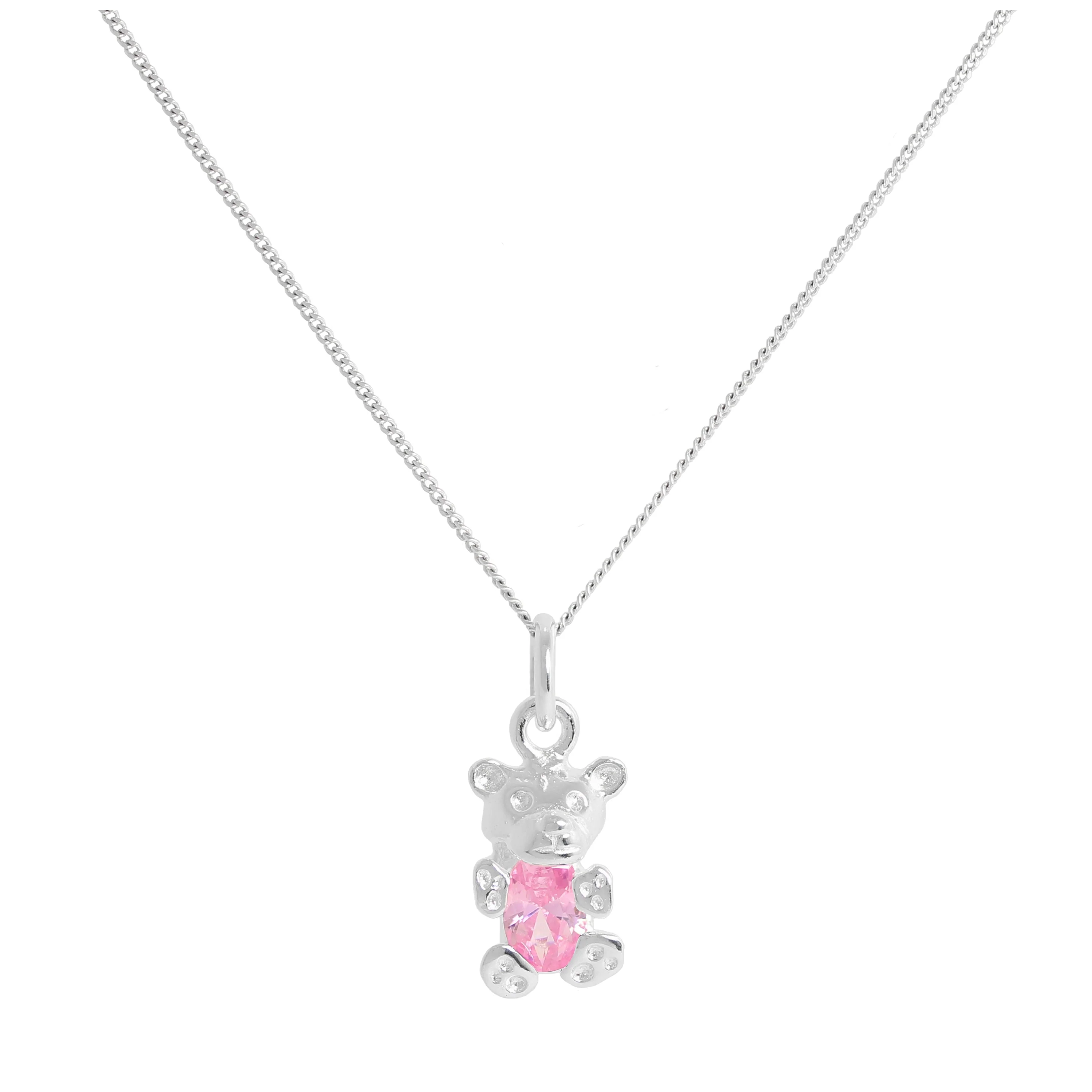Sterling Silver October Tourmaline CZ Birthstone Bear Necklace 14 - 32 Inches