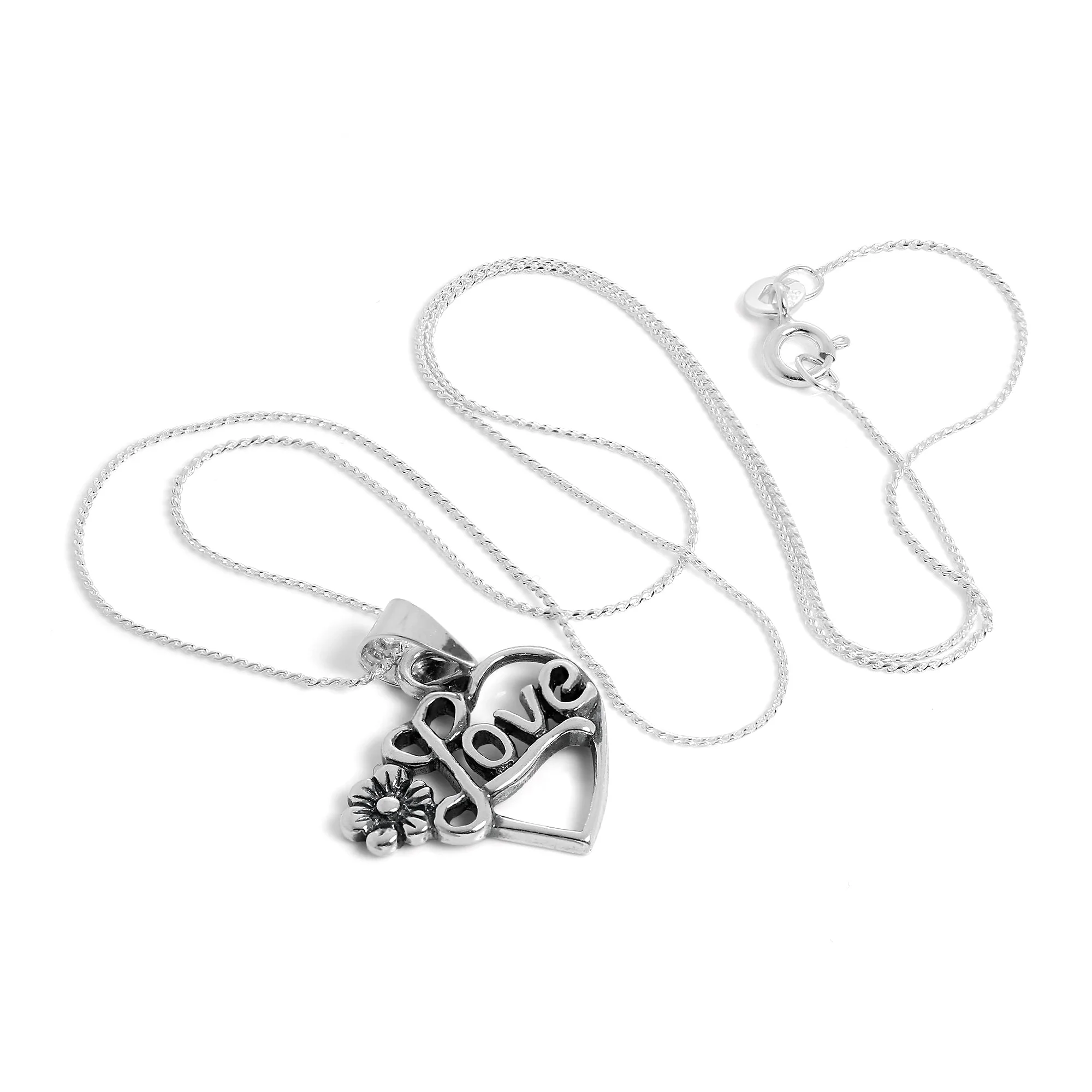 Sterling Silver Open Love Heart Pendant Necklace with Flower 16 -22 Inches - Image 2