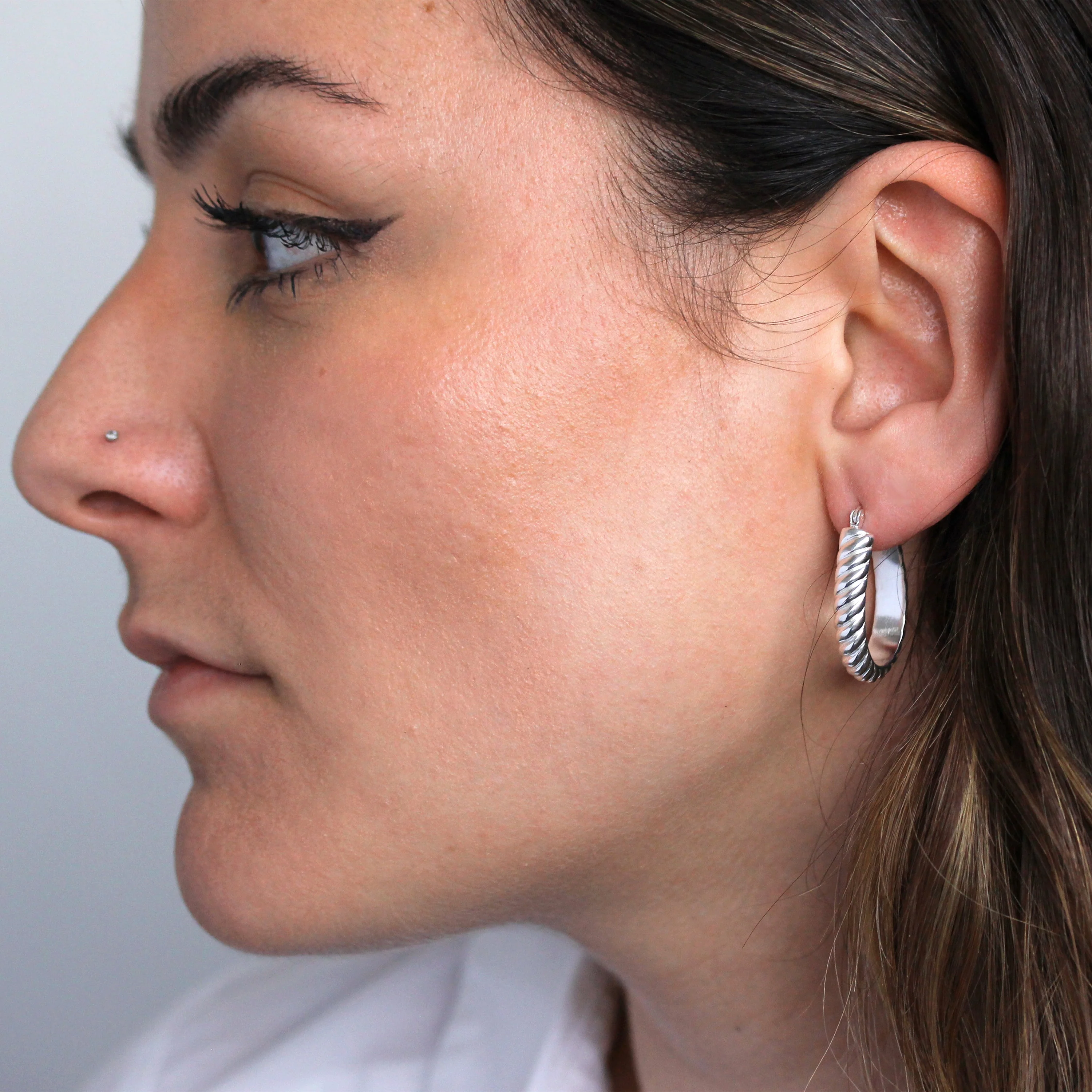 Sterling Silver Oval Twisted Line Creole Hoop Earrings - Image 2