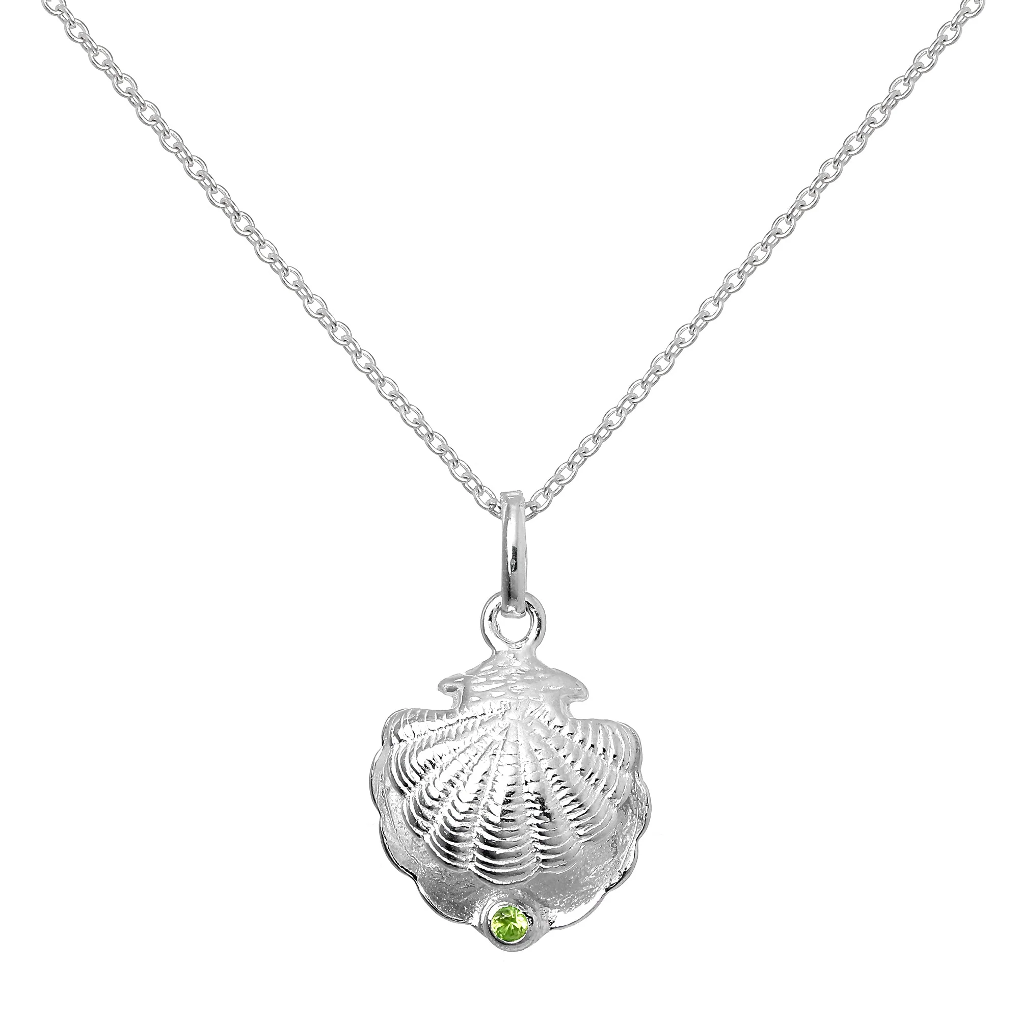 Sterling Silver Oyster Shell with CZ Crystal Peridot Birthstone Necklace