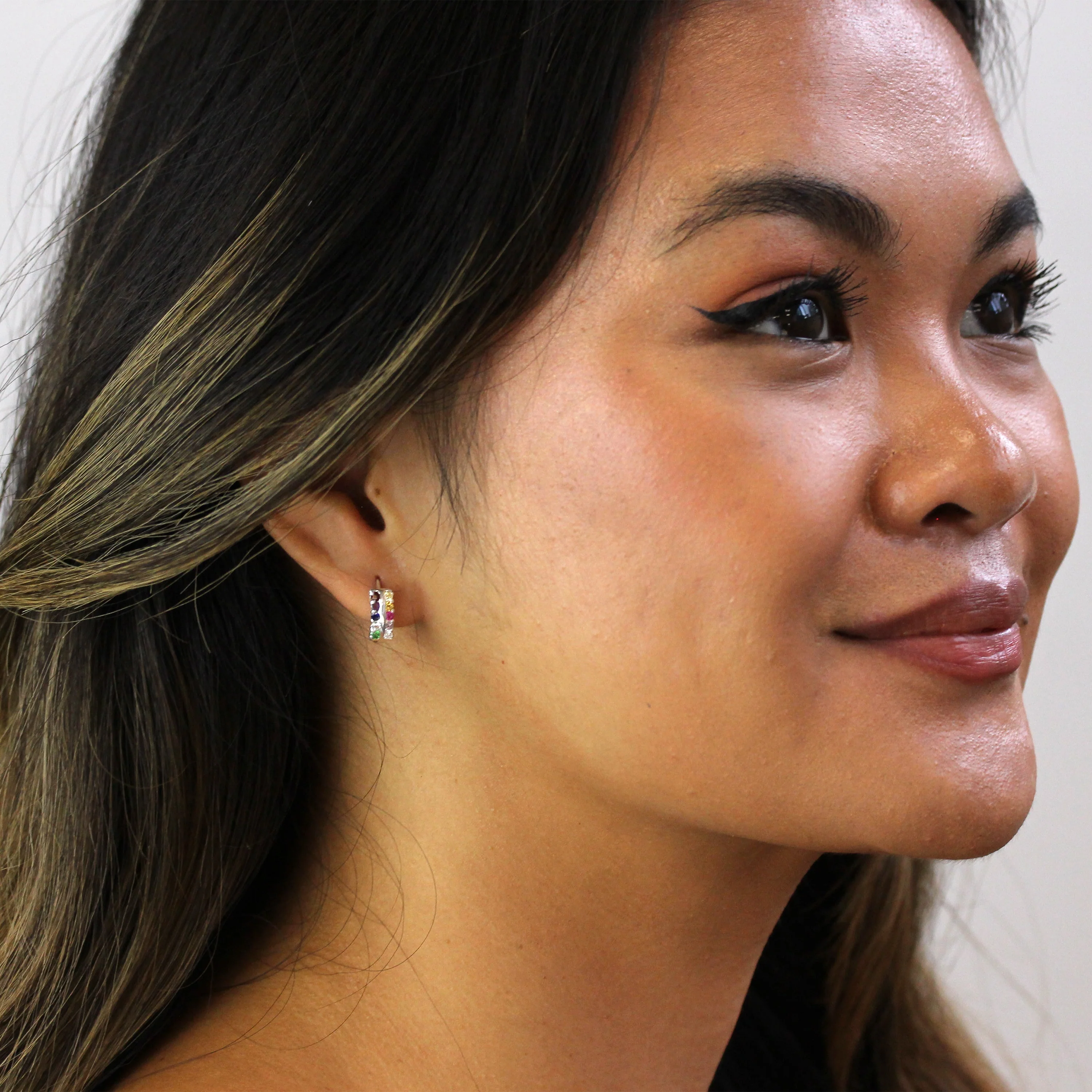 Sterling Silver Rainbow CZ Claw 13mm Huggie Hoop Earrings - Image 2