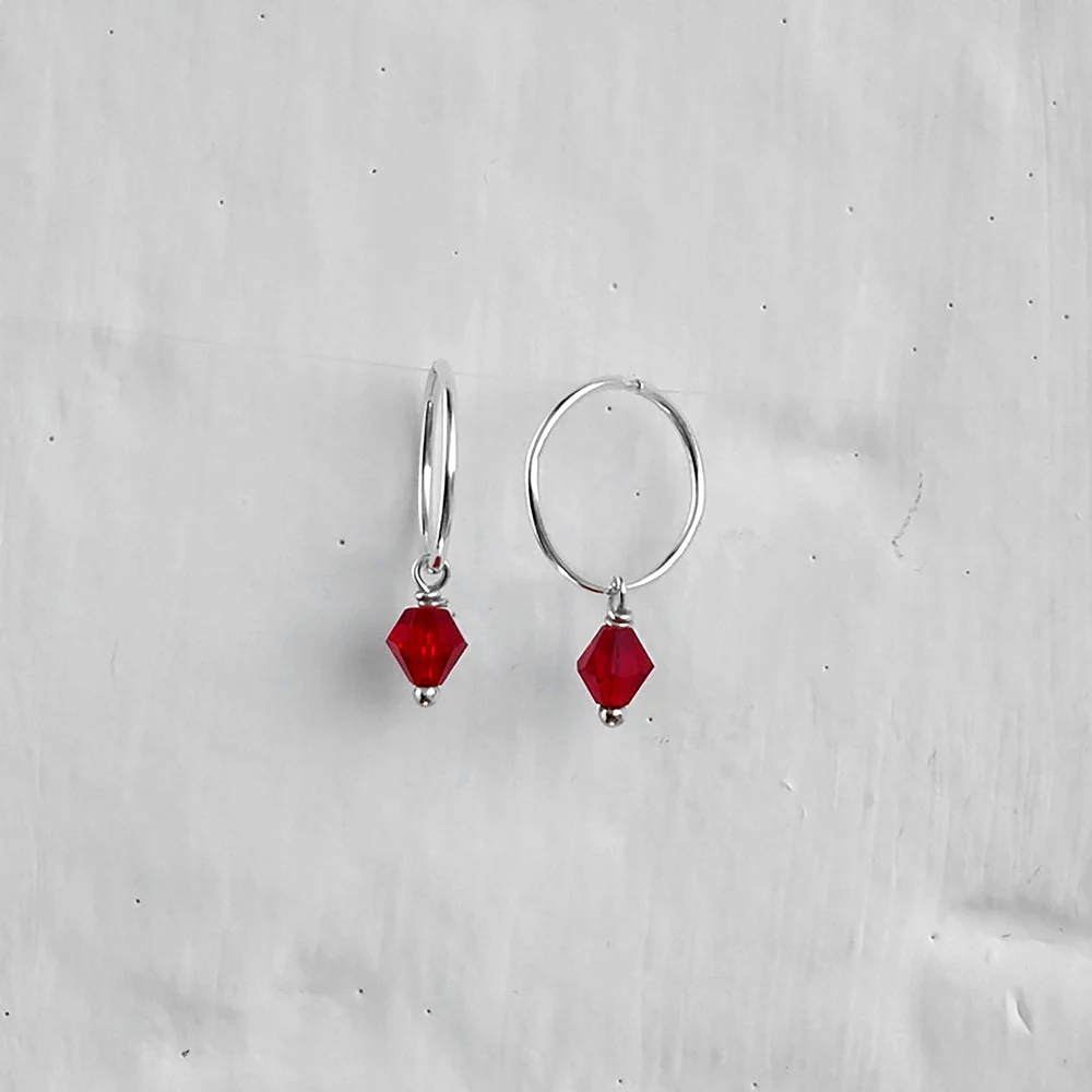 Sterling Silver Red CZ Crystal Bead Charm Hoop 12mm Earrings - Image 4