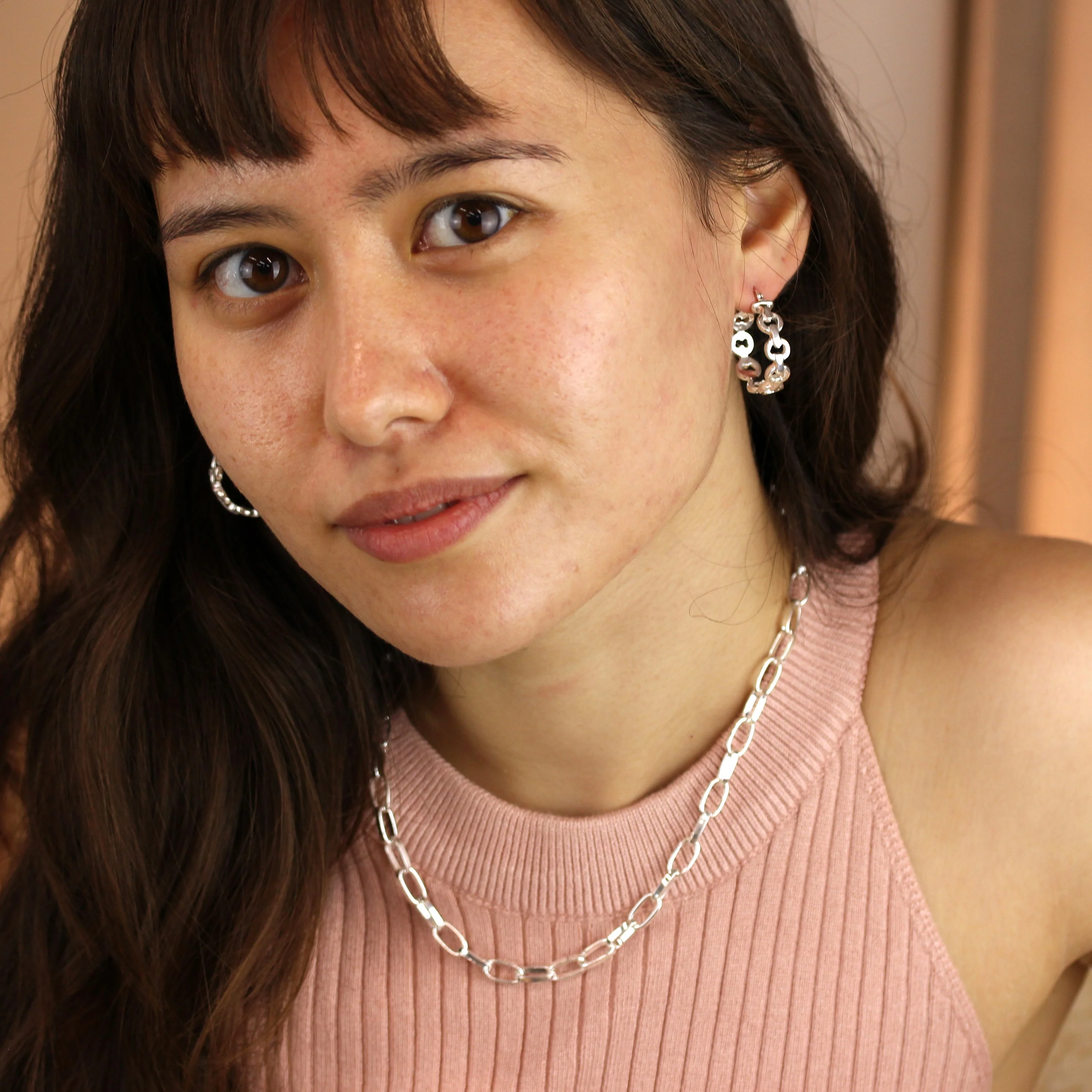Sterling Silver Round Chunky Link Chain 28mm Hoop Earrings - Image 2