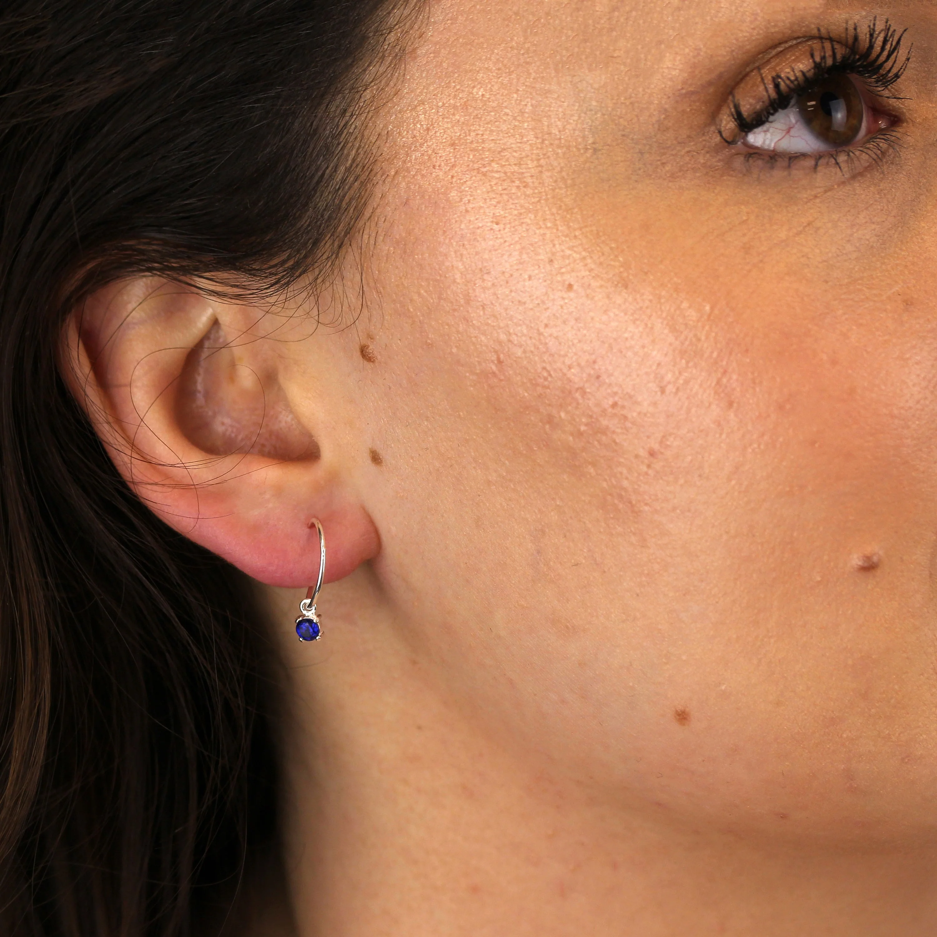 Sterling Silver Sapphire CZ September 12mm Charm Hoop Earrings - Image 3
