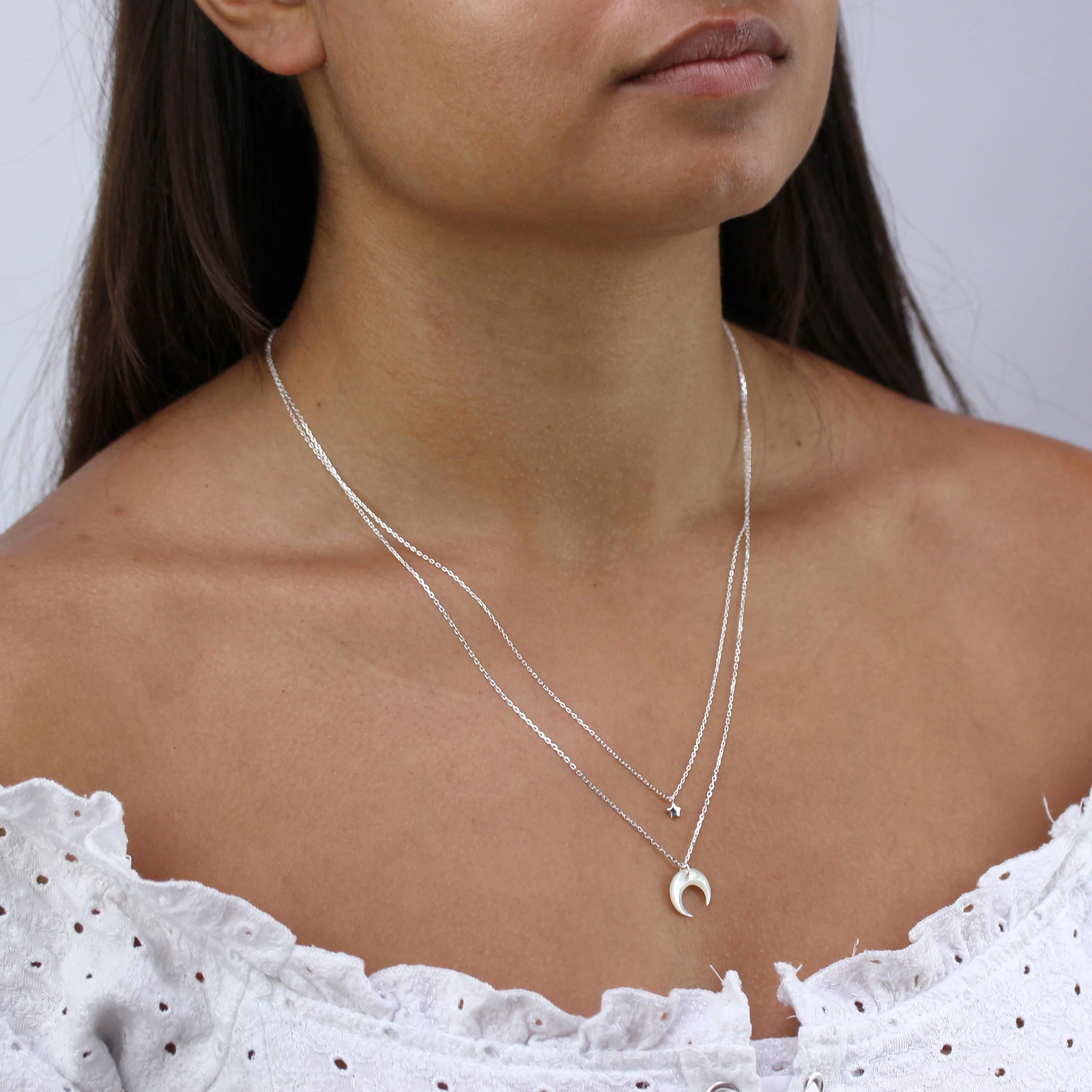 Sterling Silver Star & Crescent Moon Double Layer Necklace - Image 3