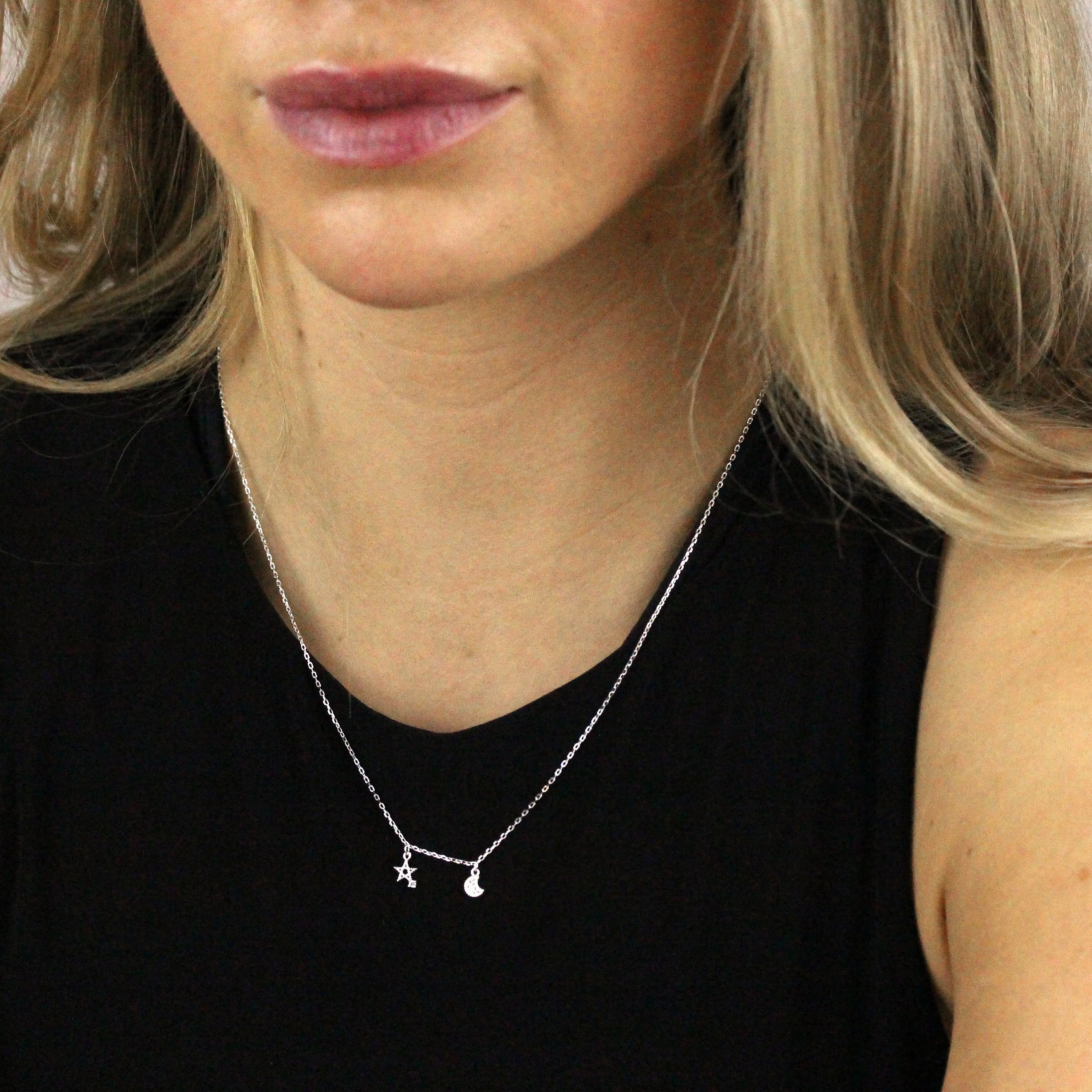 Sterling Silver Star & Moon Clear CZ Necklace - Image 2