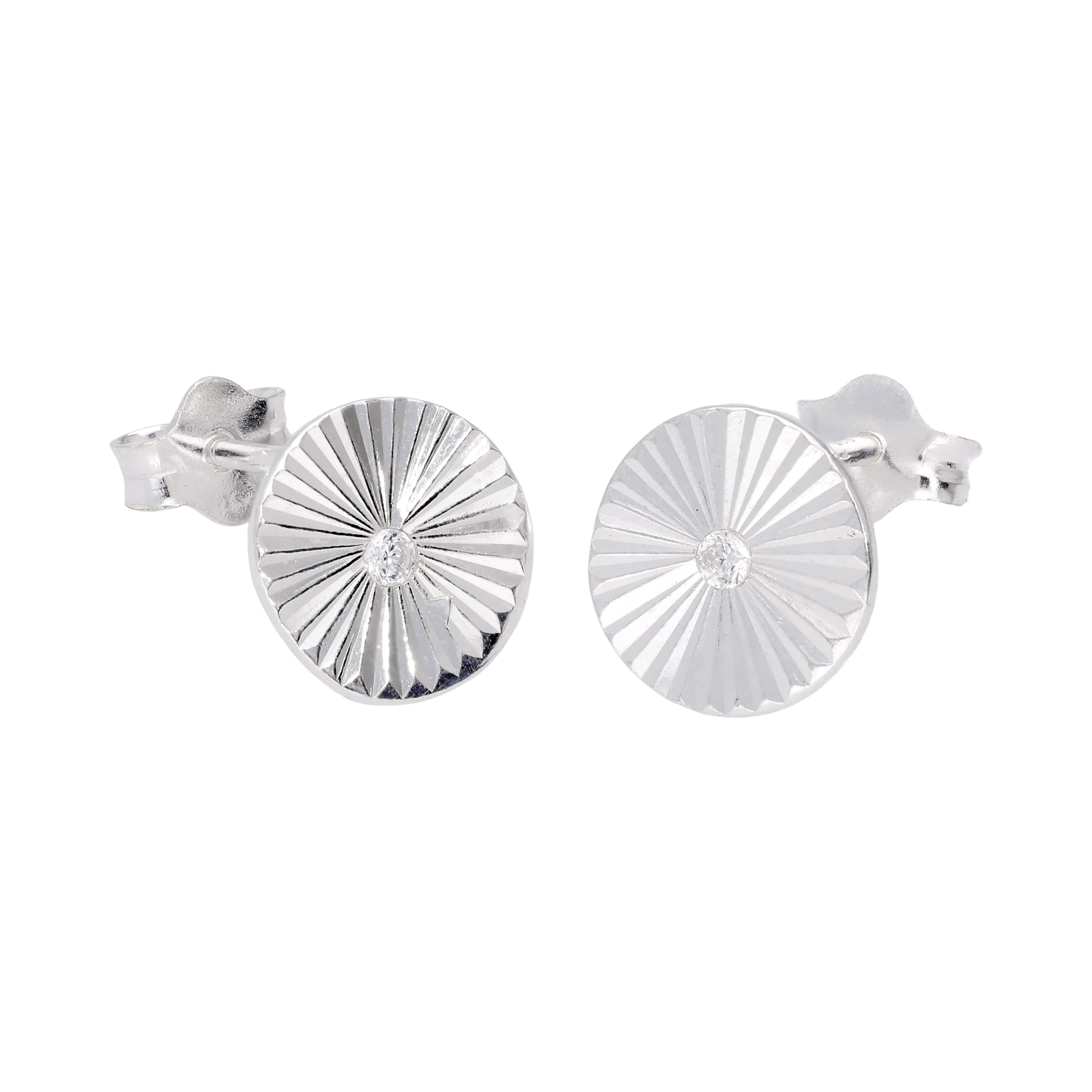 Sterling Silver Starburst Diamond Cut Clear CZ Stud Earrings