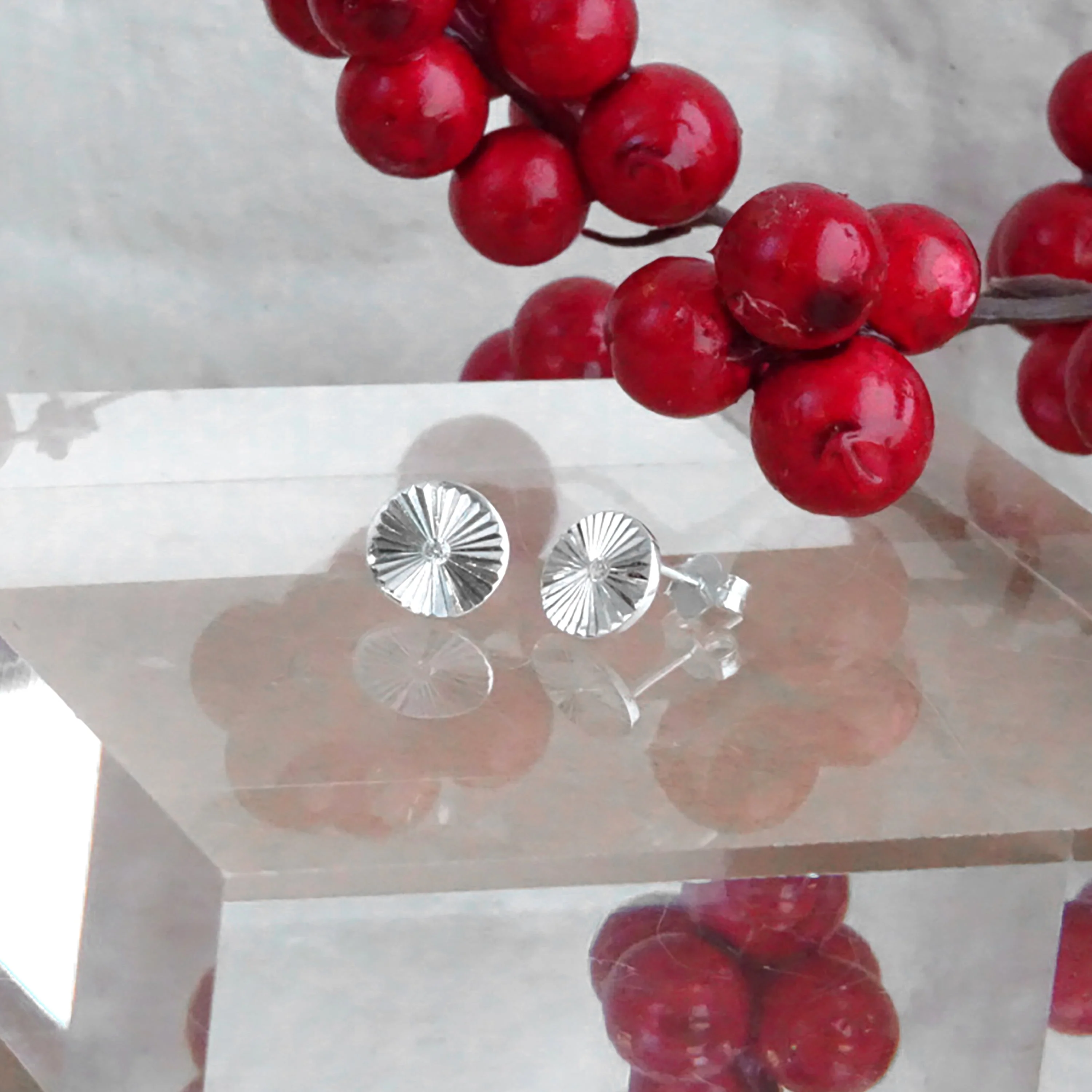 Sterling Silver Starburst Diamond Cut Clear CZ Stud Earrings - Image 2