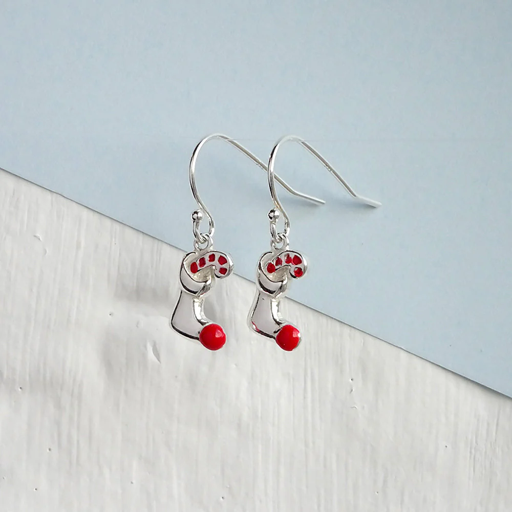 Sterling Silver Stocking & Candy Cane Charm Fishhook Earrings - Image 2