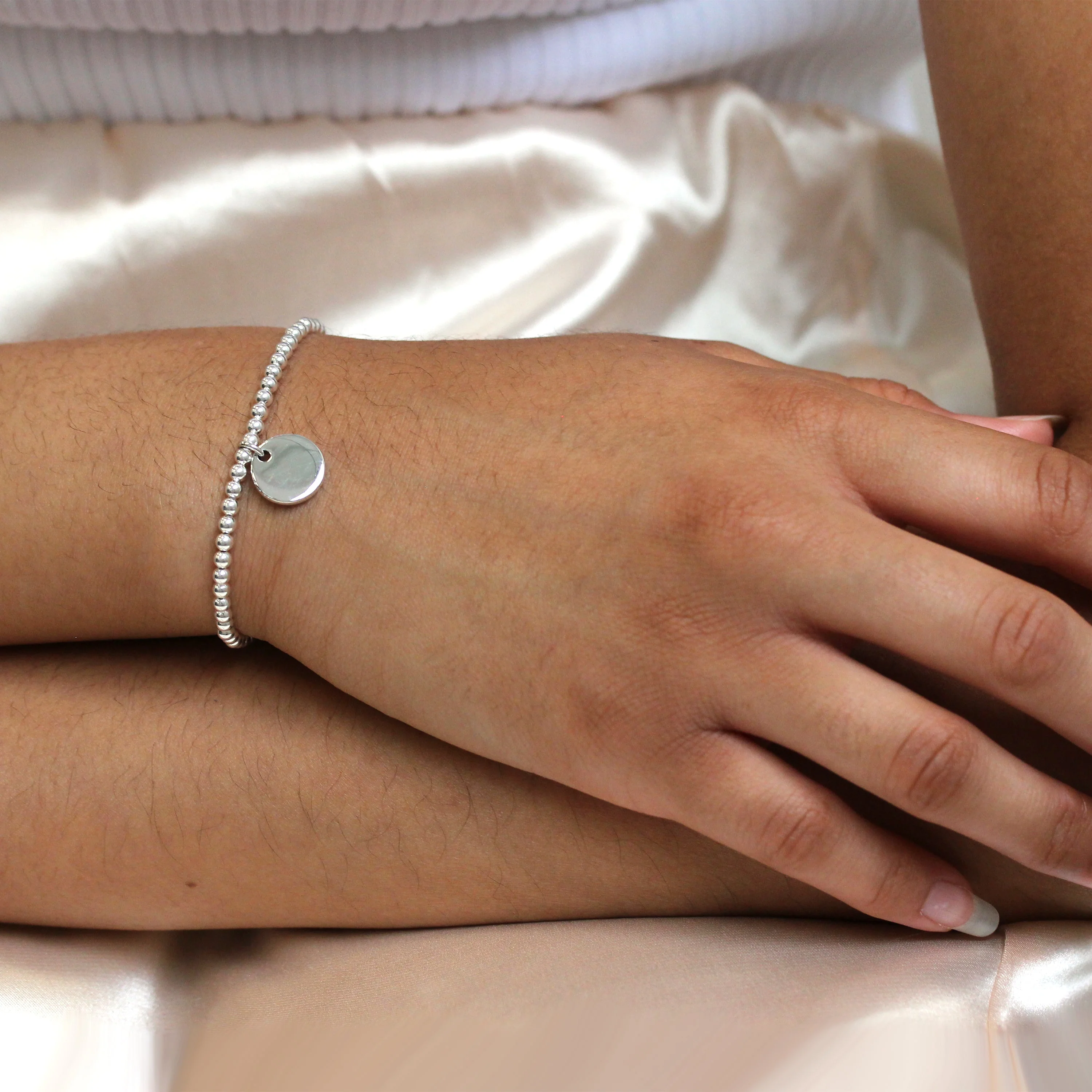 Sterling Silver Stretchy 6 Inch Bead Bracelet with Engravable Round Tag - Image 2