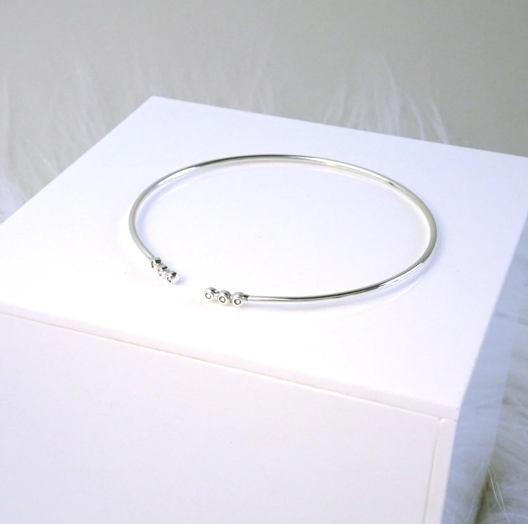 Sterling Silver Tiny Round Clear CZ Open Cuff Bangle - Image 3