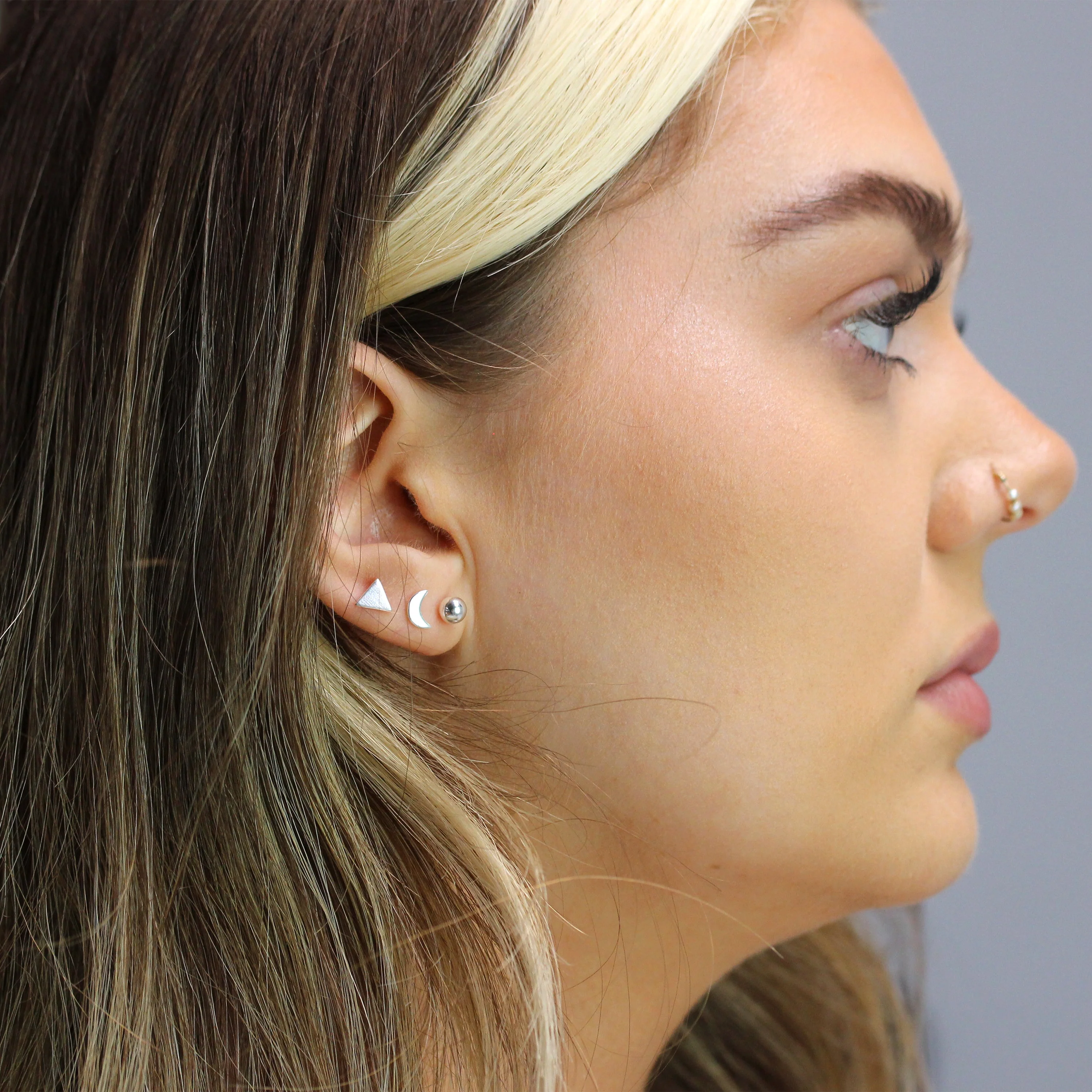 Sterling Silver Triangle Moon Ball Mixed Stud Earrings Set of 3 - Image 2