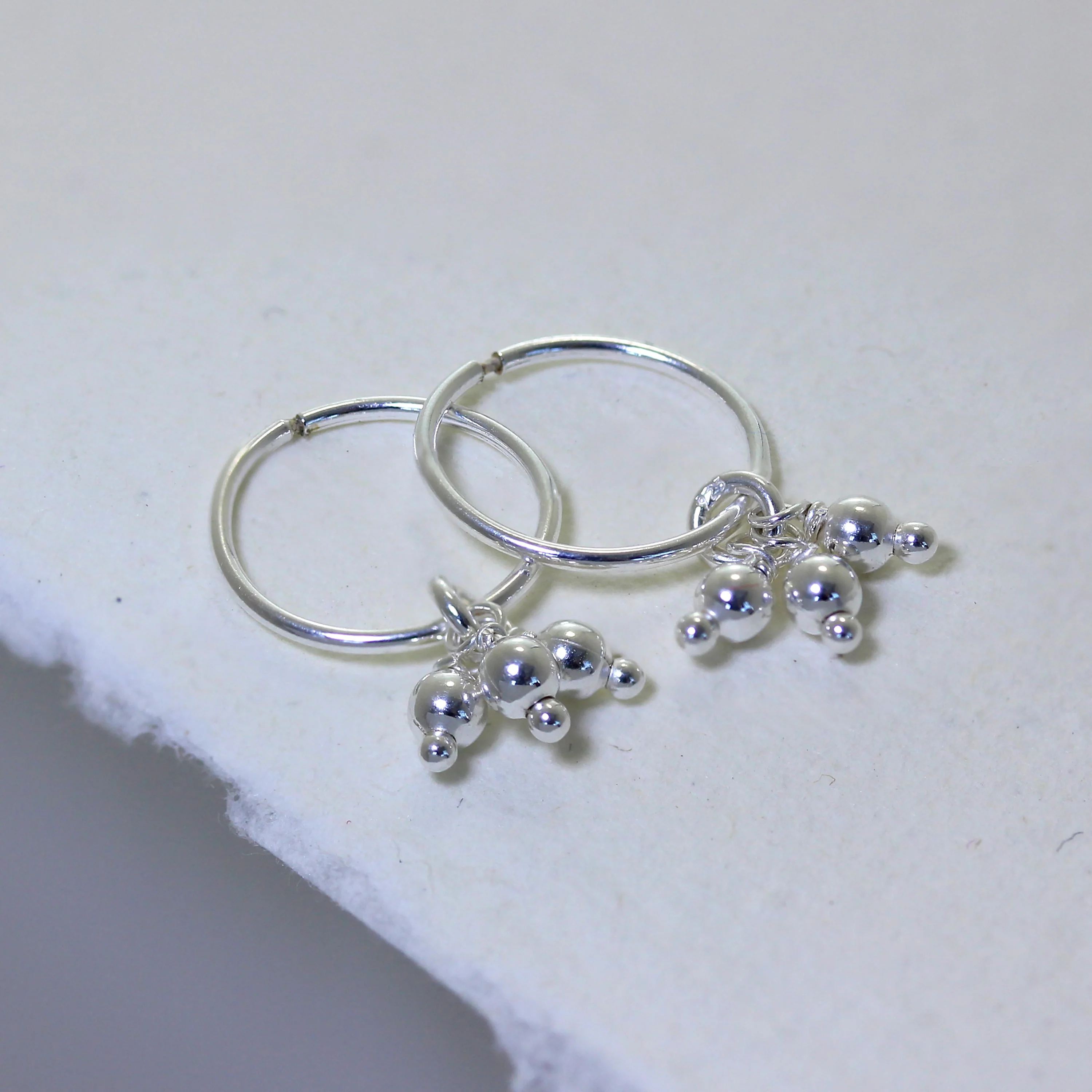 Sterling Silver Triple Ball Bead Charm Hoop 12mm Earrings - Image 2