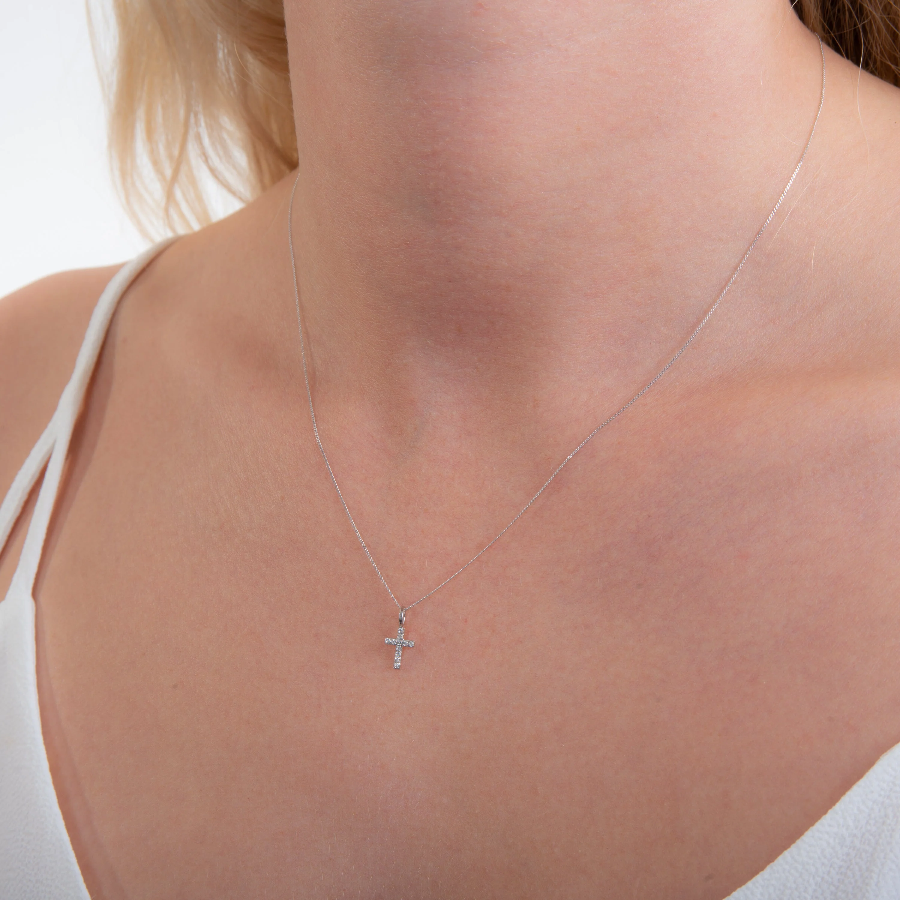 Tiny 9ct White Gold Clear CZ Cross Necklace - 16 - 20 Inches - Image 2