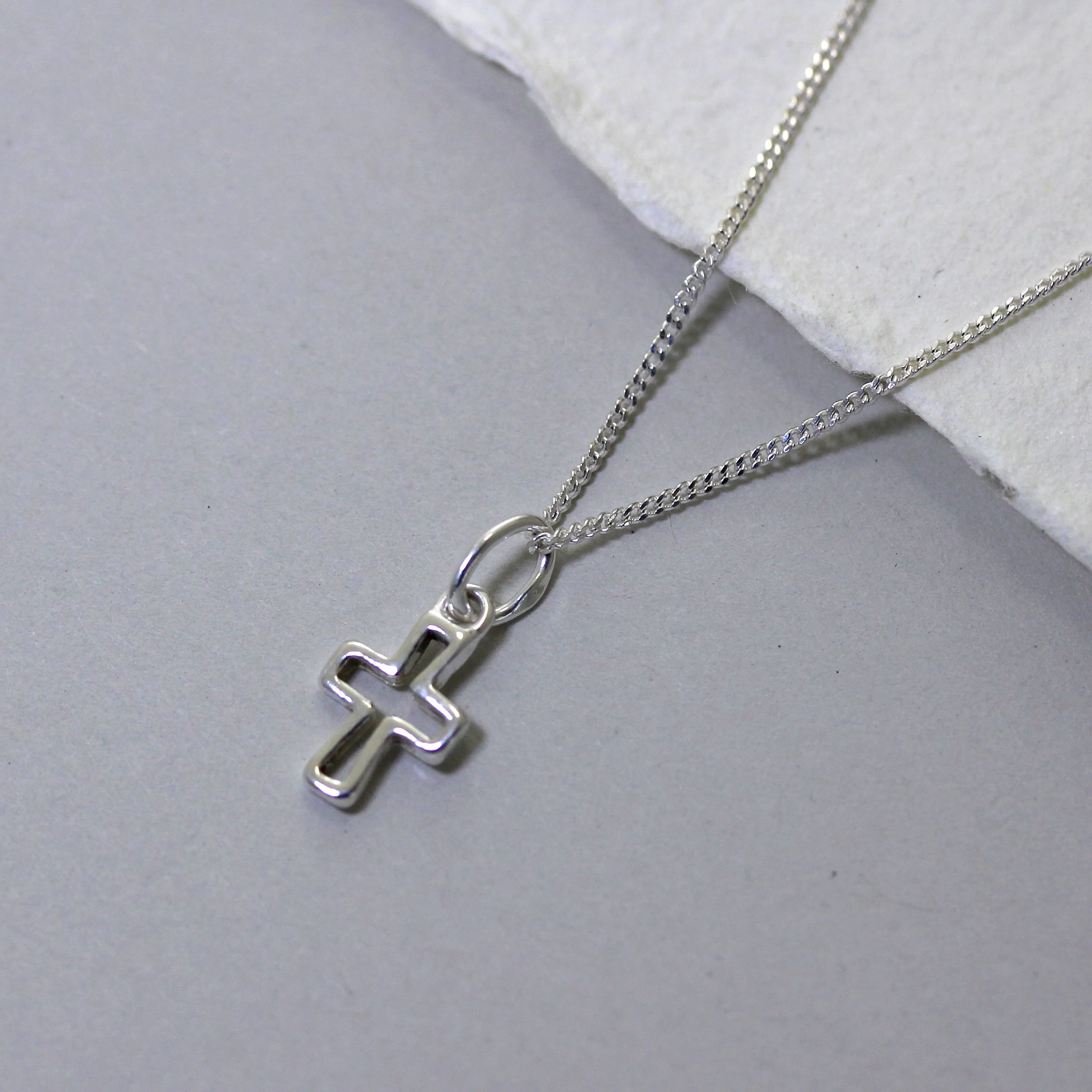 Tiny Sterling Silver Cross Outline Necklace - 14 - 32 Inches - Image 2